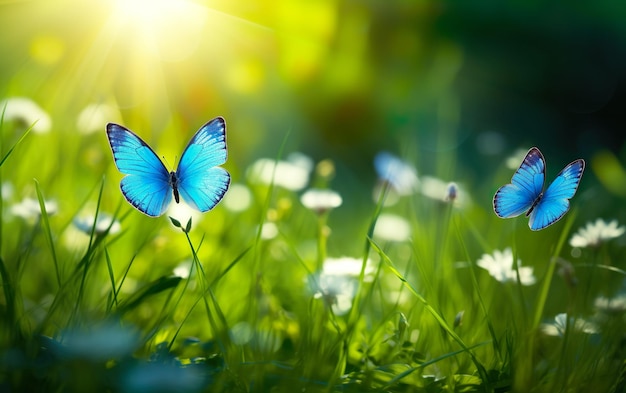 Blue butterflies on green spring meadow