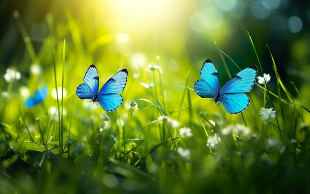 Blue butterflies on green spring meadow