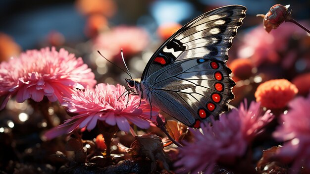 blue butterflies near a purple and blue flower in the style of whimsical