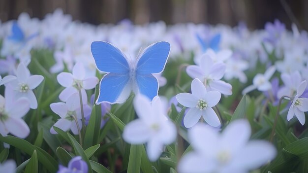 Photo blue butterflies on white flowers background spring floral banner