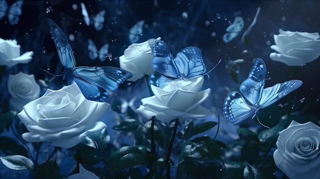 Blue Butterflies and White Roses A 4K Cinematic Composition of Magical Flowers and Glowing Background Artwork