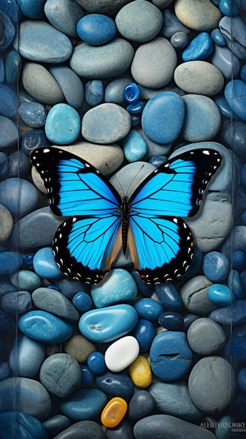 Синяя бабочка на ложе из голубых камней и камней, генеративный искусственный интеллект