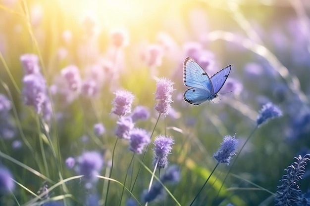 A blue butterfly flies over a field of purple flowers.