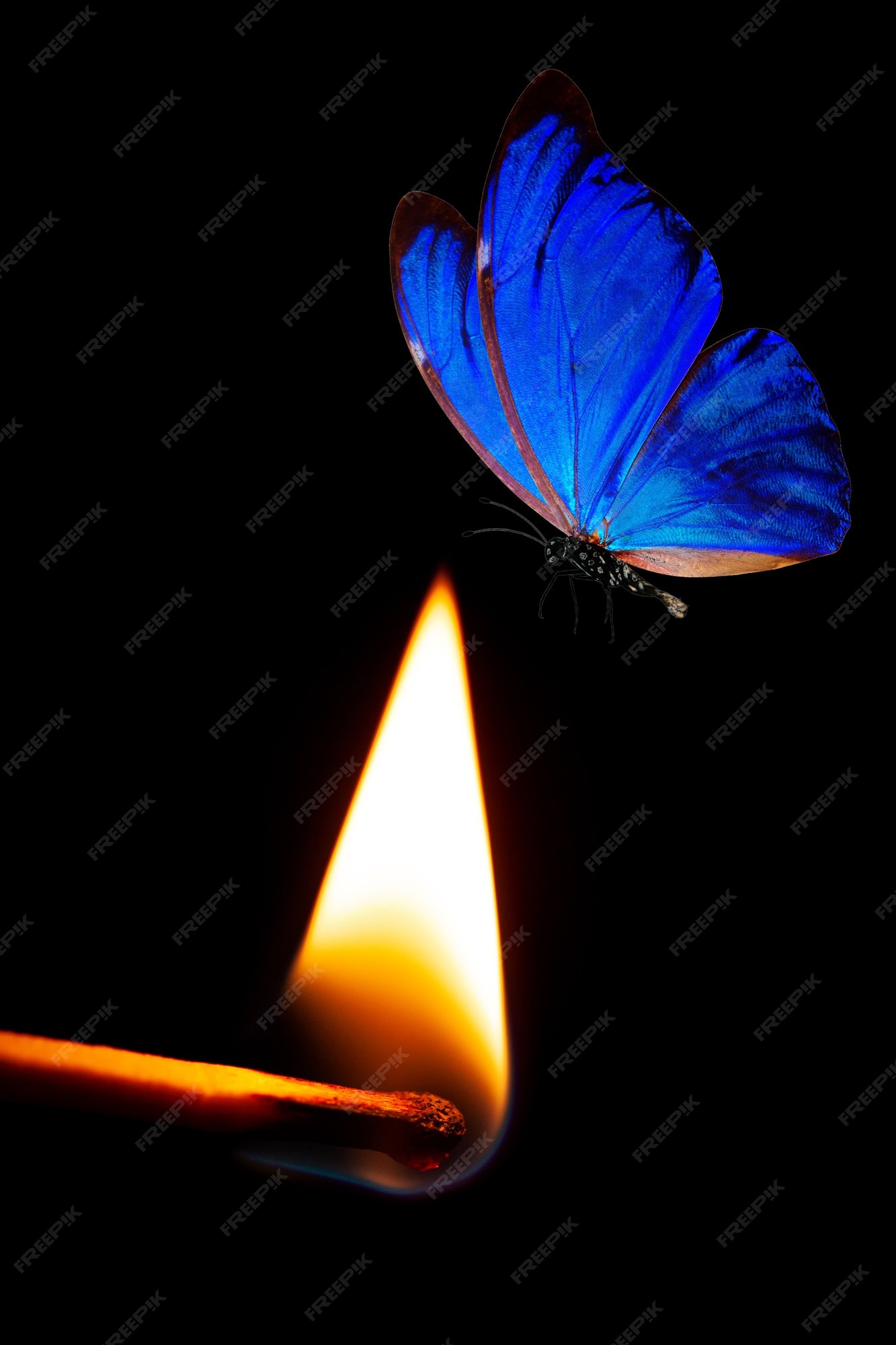Premium Photo | Blue butterfly flies on fire. burning match with a blue  moth on a black background. high quality photo