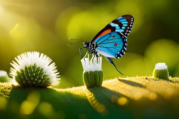 それを照らす太陽と花に青い蝶