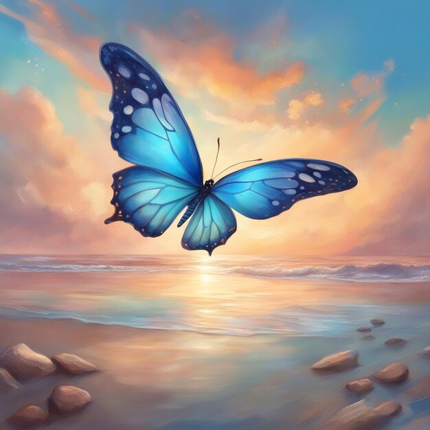 Blue butterfly flying on the beach within sunset wallpaper