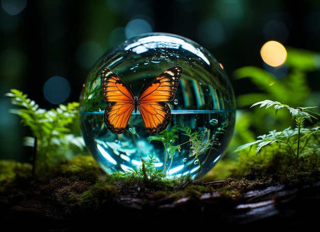 Photo blue butterfly in glass ball on moss background a glass ball with a butterfly inside of it