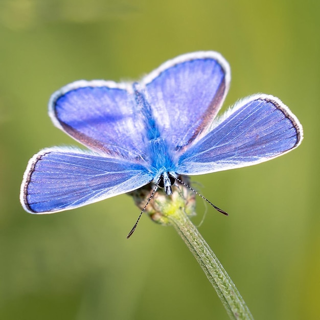 파란 나비가 꽃 위에 있고 파란 날개가 보인다