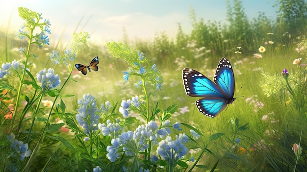 A blue butterfly is flying in a field of flowers.