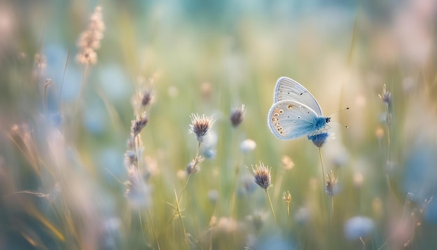 a blue butterfly is flying in the grass and the butterfly is on the flower