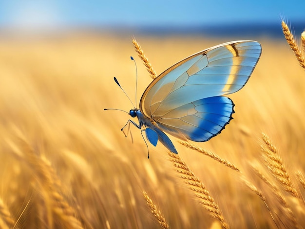 Голубая бабочка летит над пшеничным полем, сгенерированным ai