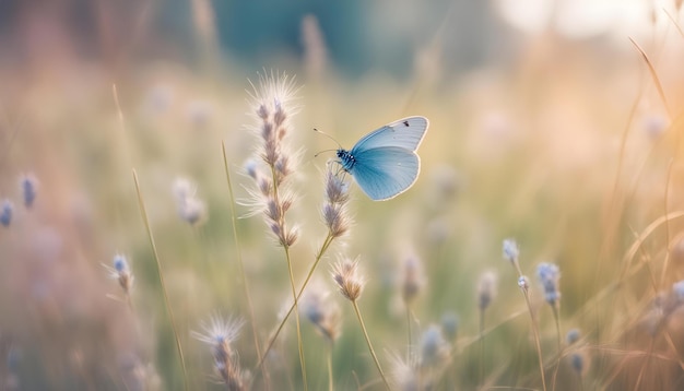 a blue butterfly is flying in the wind on a flower