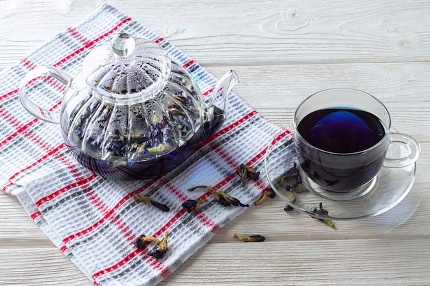 Blue butterfly pea tea from Clitoria flowers close-up. Exotic floral blue tea that promotes weight loss. Wellness and Detox.