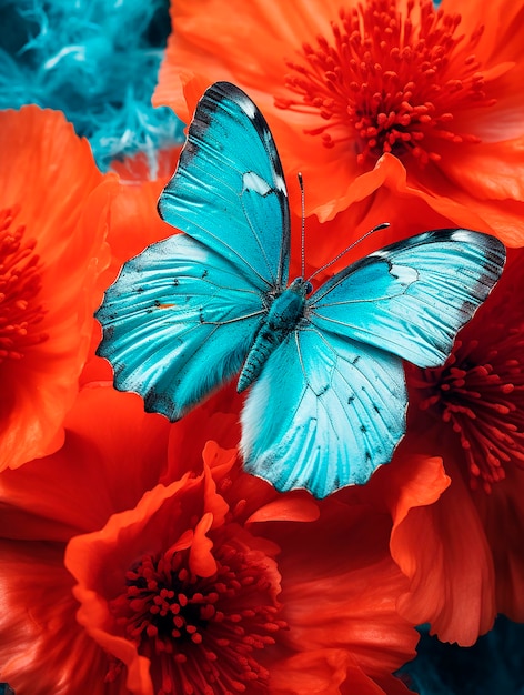 Blue butterfly on red flowers background Floral background Close up