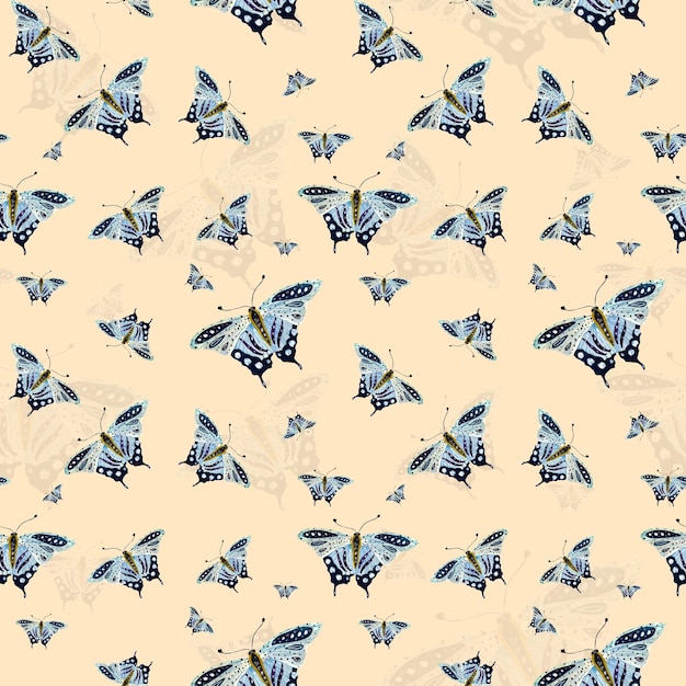 Blue butterfly. Seamless ornate pattern a watercolor illustration. Beige background.