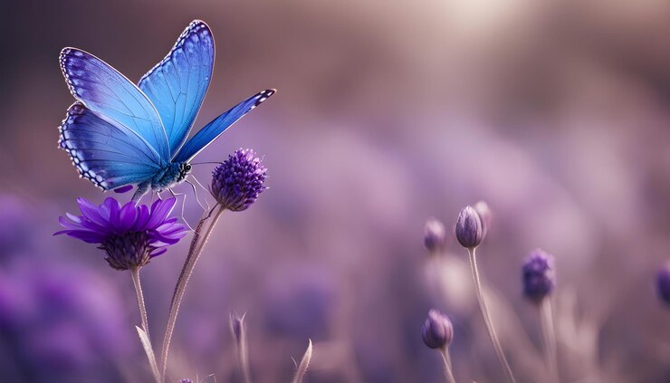 Photo a blue butterfly sits on a purple flower