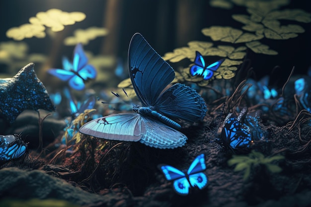 A blue butterfly sits on a rock surrounded by plants with glowing blue butterflies.