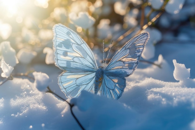 A blue butterfly sits in the snow in the sunlight.