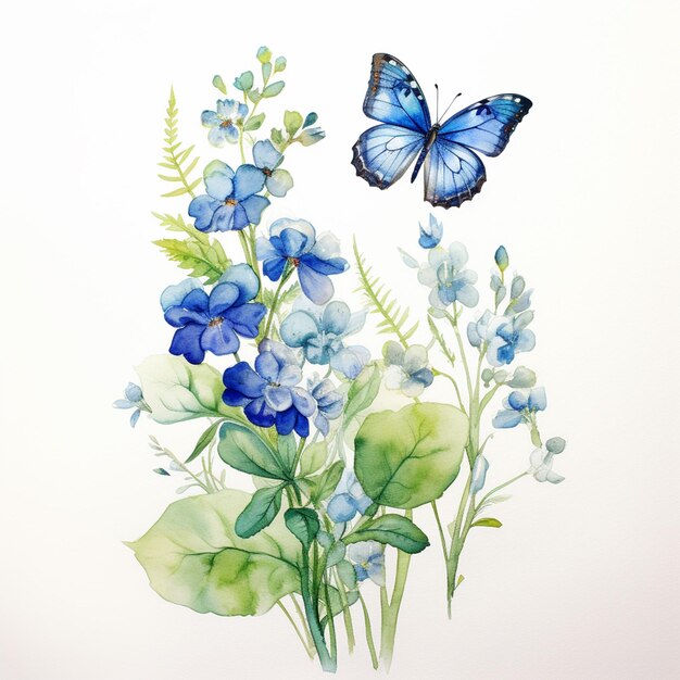 A blue butterfly sitting on top of a blue flower next