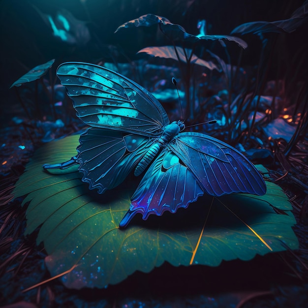 葉に覆われた地面の上に座っている青い蝶の生成 AI