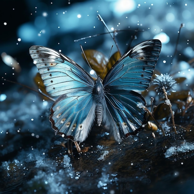 Blue butterfly in the snow