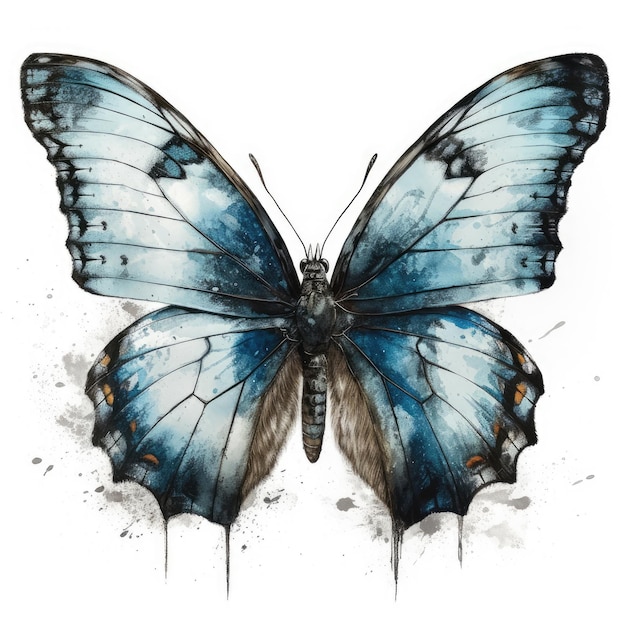 A blue butterfly with a black outline and the word butterfly on it.