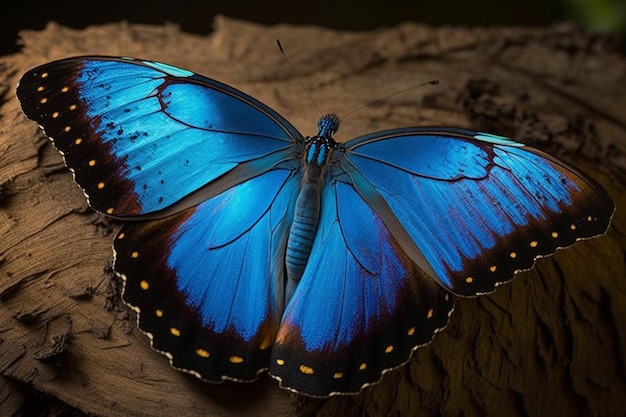 羽に黒と赤の模様がある青い蝶