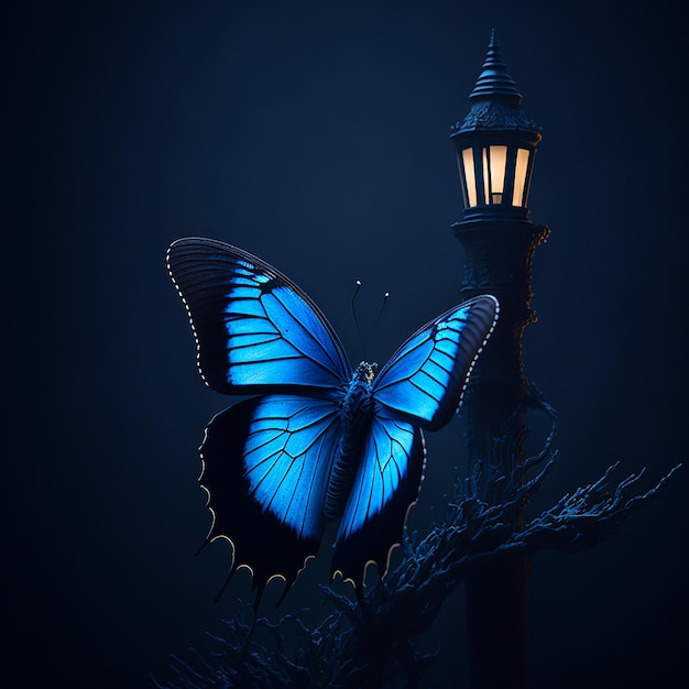 Blue butterfly with a castle in the background Generated AI