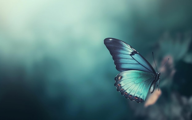 A blue butterfly with a green wings sits on a branch.