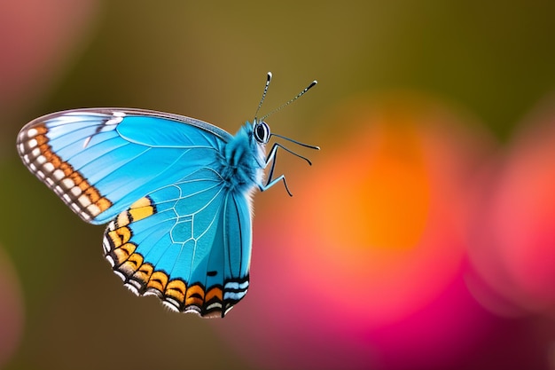 A blue butterfly with orange wings and yellow markings is flying in front of a pink background.