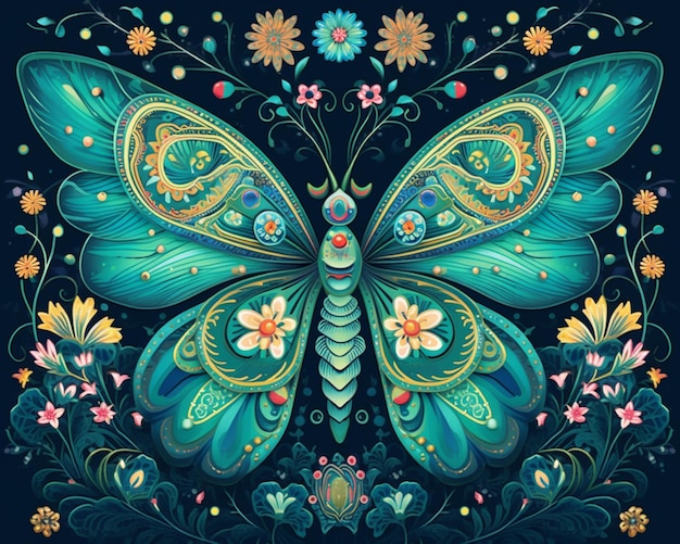 a blue butterfly with ornate patterns and flowers on a black background generative ai