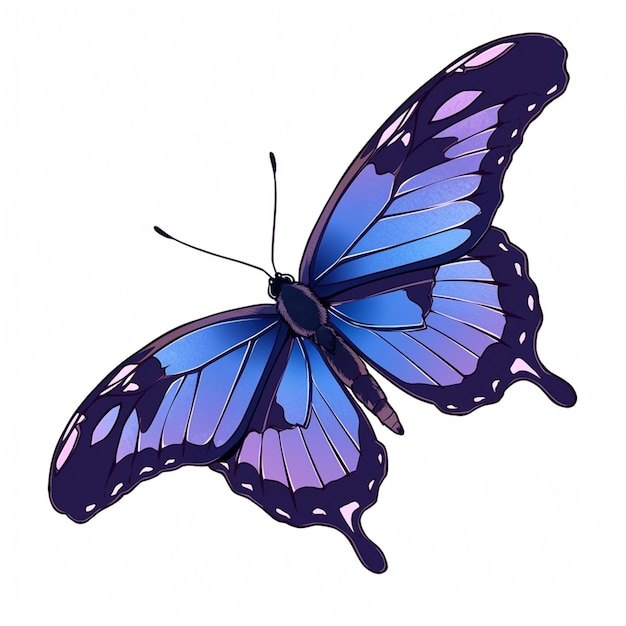 A blue butterfly with purple wings and a black outline on the bottom.