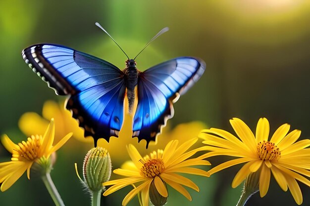 Blue butterfly on a yellow flower