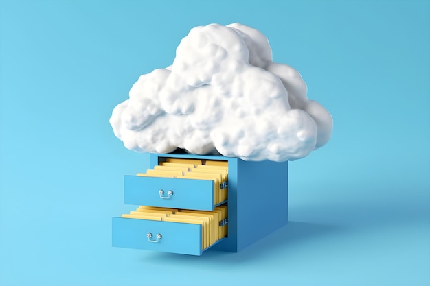 Photo a blue cabinet with a cloud shaped box with the word cloud on it.