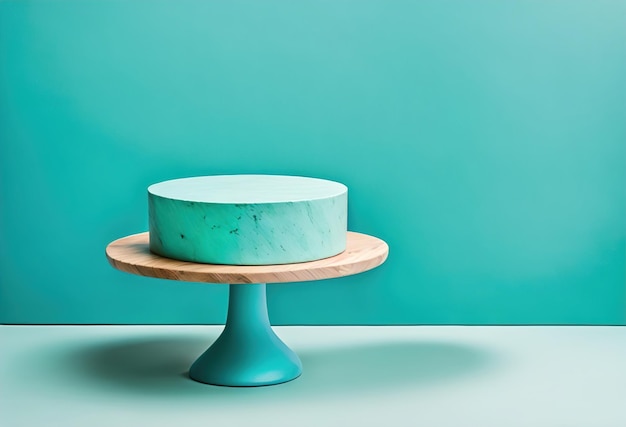 A blue cake on a blue stand with a blue background