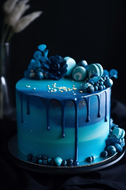 A blue cake with blue icing and a flower in the background