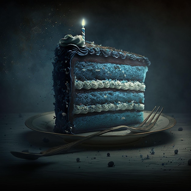 A blue cake with a candle on it