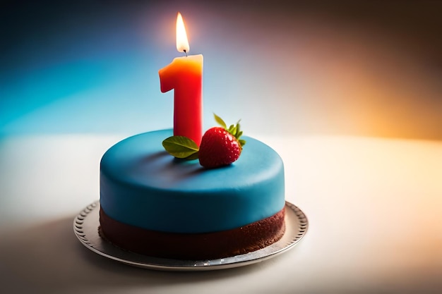 A blue cake with a candle that says 1
