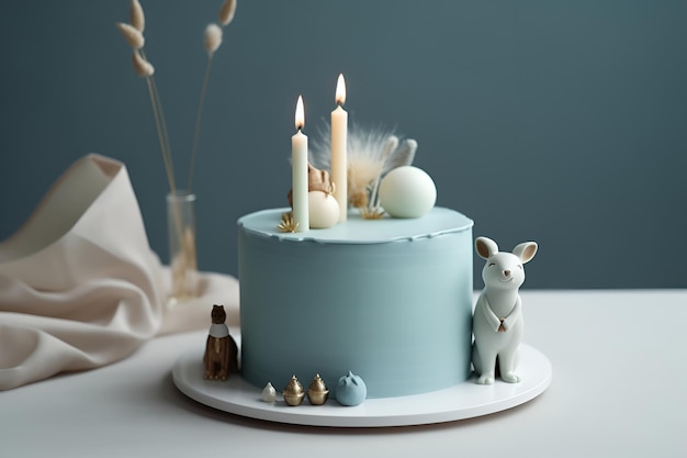 A blue cake with candles and a bunny on it