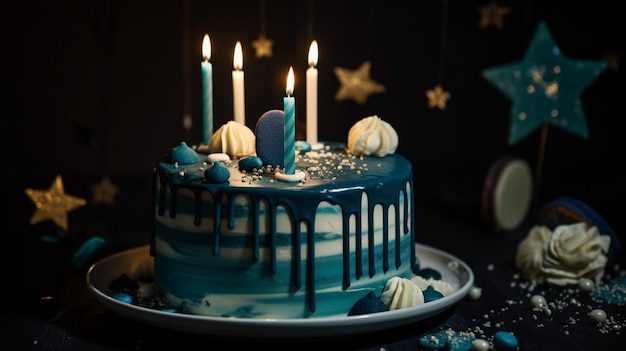 Blue cake with candles Generative AI