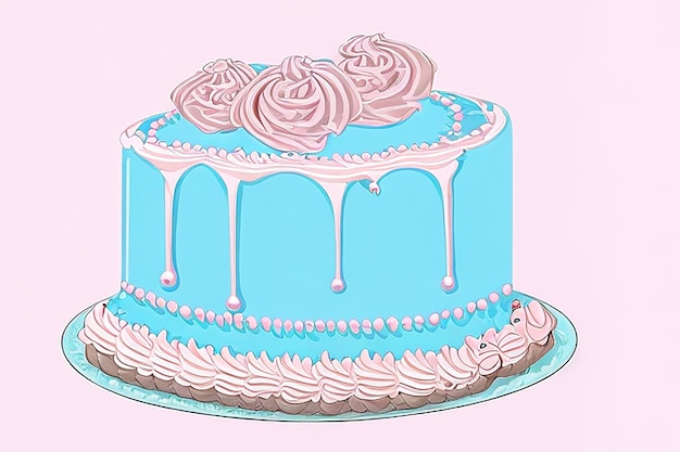 A blue cake with pink icing and a pink heart on the top.