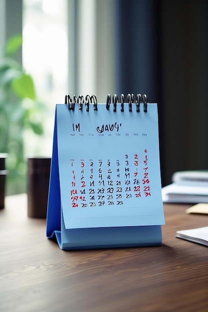 オフィスのテーブルの上にある青いカレンダー
