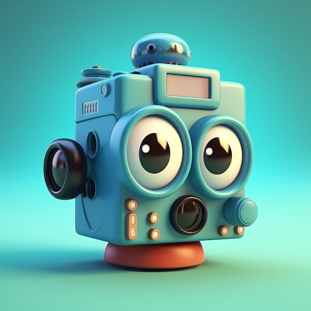 A blue camera with two big eyes and a big smile on the face.