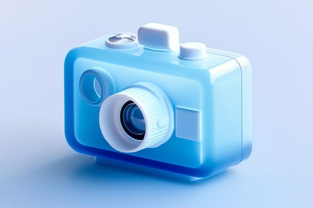 A blue camera with a white lens is on a blue background.