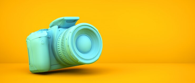 फोटो blue camera on yellow room, 3d rendering