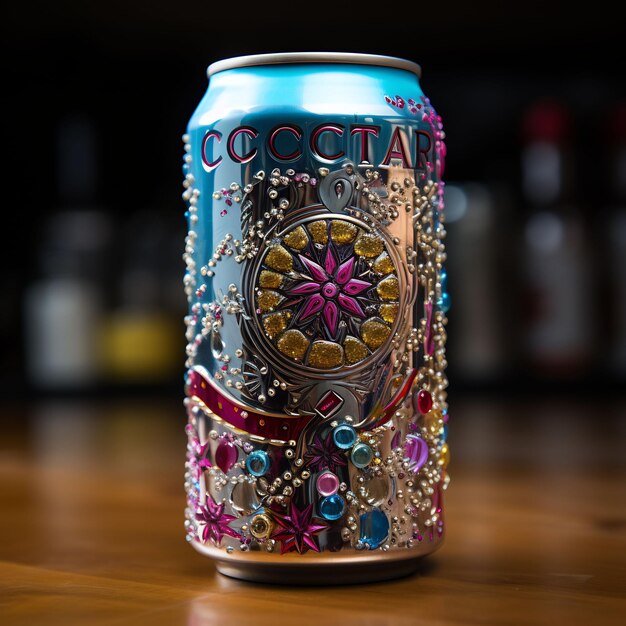 a blue can of barbeque lager sits on a table.