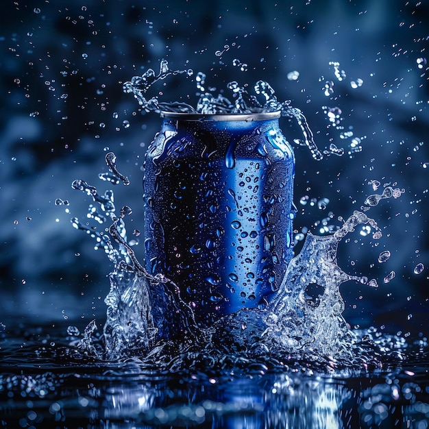 Photo a blue can of soda is splashing in the water