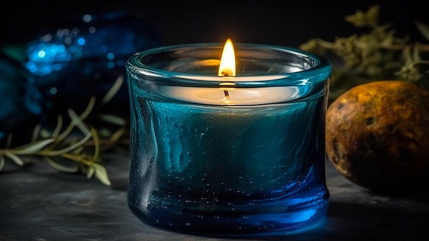 A blue candle with a blue candle in the background