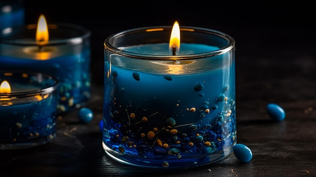 A blue candle with blue liquid in it