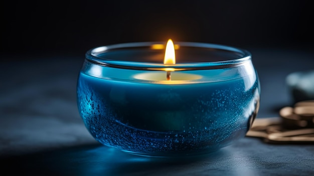 A blue candle with a lit candle in the middle